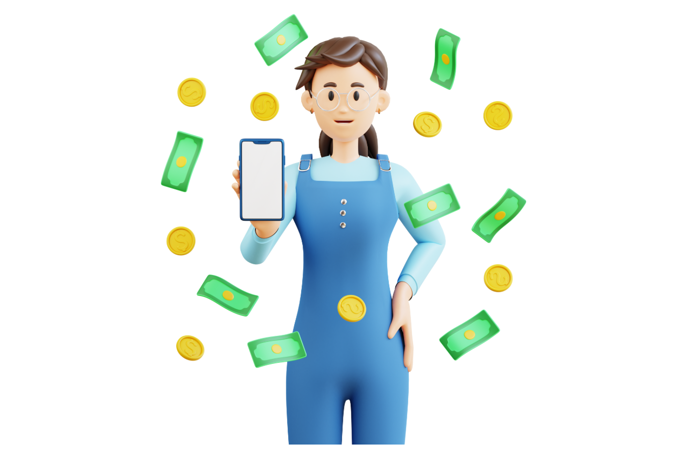 Comic-Frau hält Handy nach pben, im Hintergrund regnet Geld