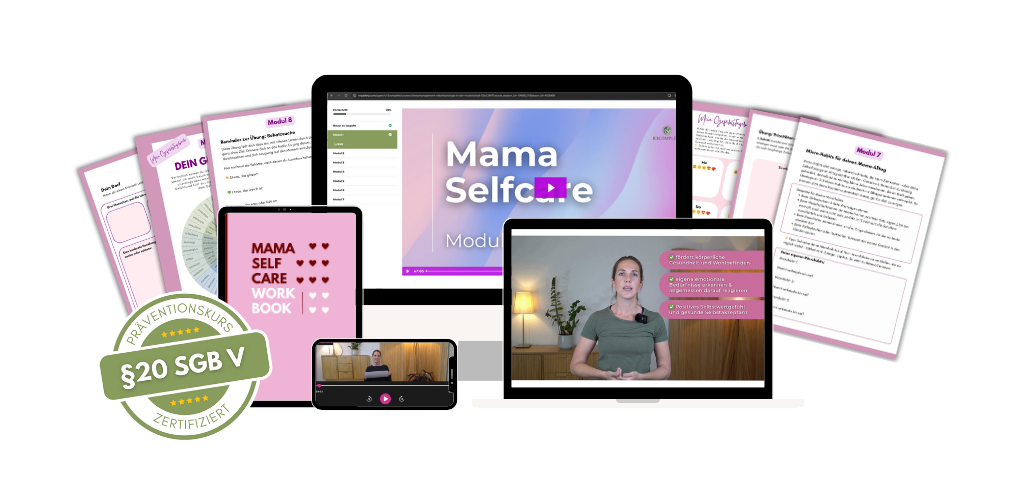 Online-Präventionskurs „Mama Selfcare“ für gestresste Mütter – digitale Kursplattform mit Workbook-Seiten zur Selbstfürsorge am Laptop