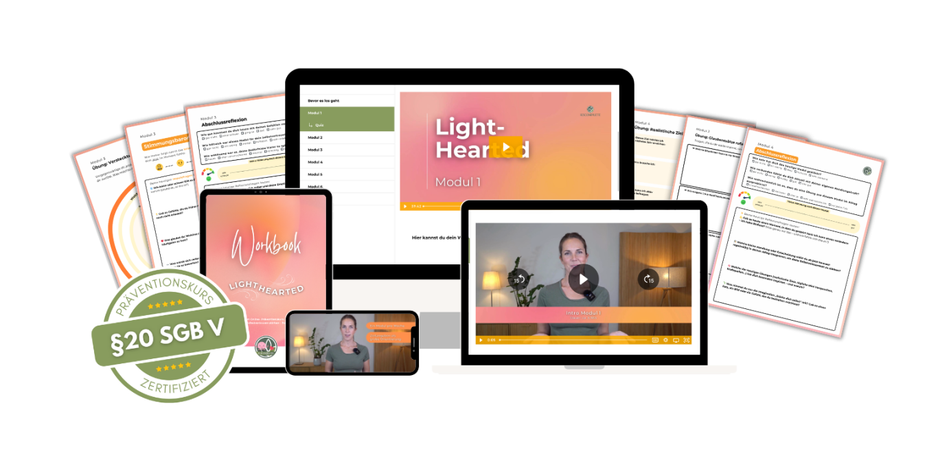 Online-Kurs „Light-Hearted“ zur Stärkung von Selbstvertrauen und emotionaler Stabilität – Kursmodule und Workbook am Computer dargestellt